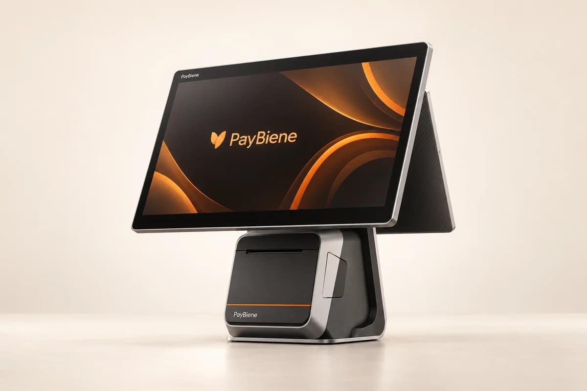 PayBiene Premium Kasse mit großem Touchscreen, Kundendisplay und integriertem Bondrucker – Produktillustration