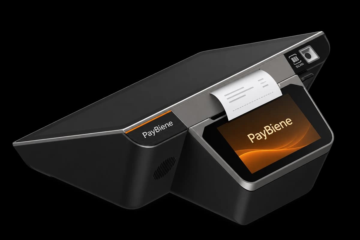 PayBiene Starter Kasse mit Touchscreen, kleinem Kundendisplay und vorderem Bonauswurf – Produktillustration